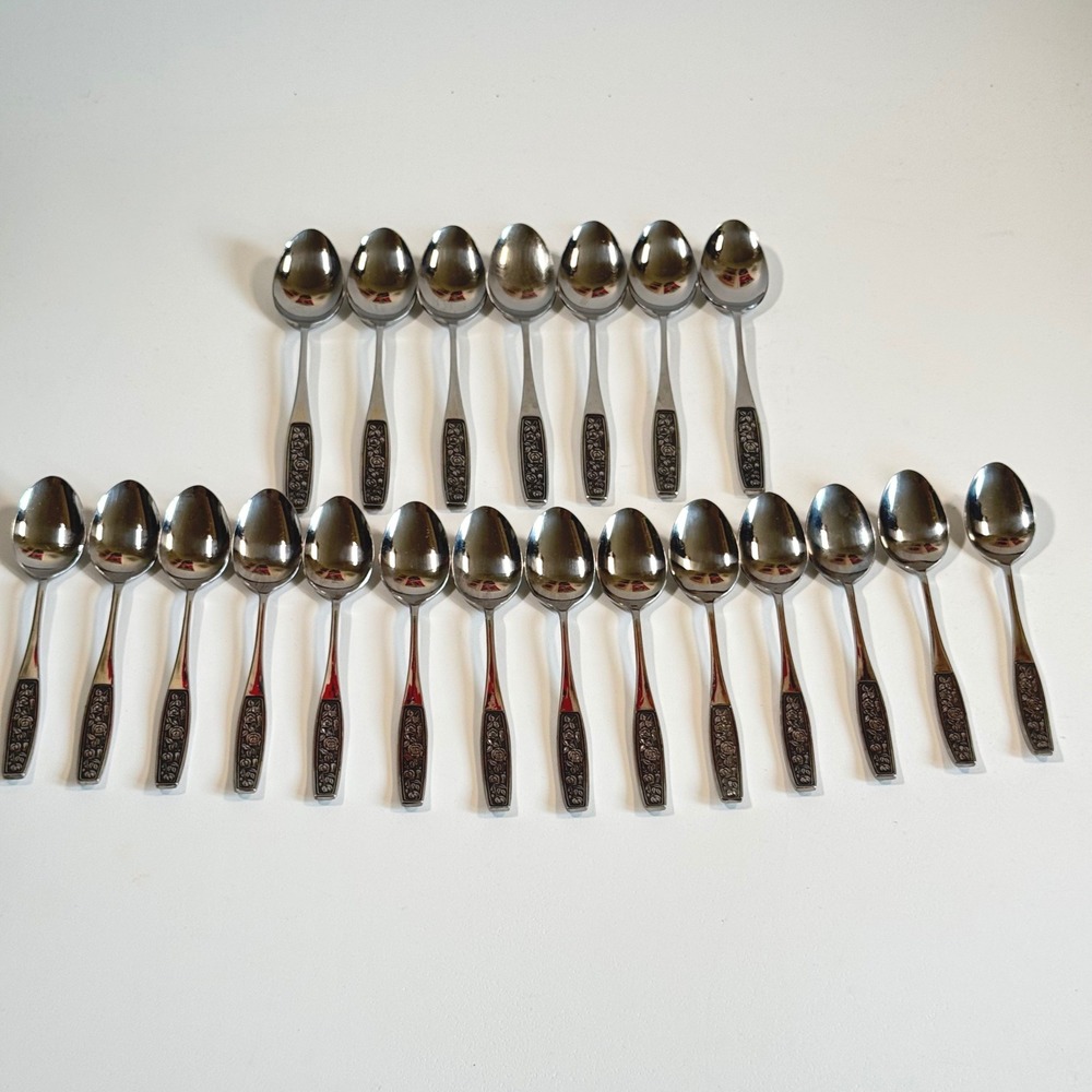 1960's Interpur INR28 Stainless Steel Rose Floral 21 Pieces  7 Soup 14 Teaspoons